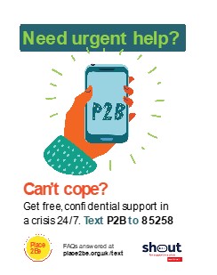 Place2Be poster for urgent help including text number 85258