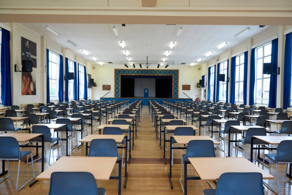 exams desks in the Rutlish hall