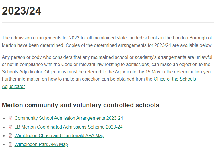 screenshot from the Merton website secondary school admissions