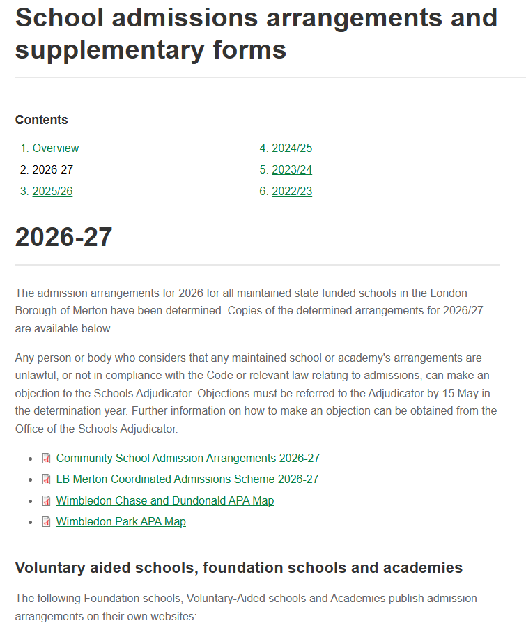 Merton Admissions arrangement screenshot