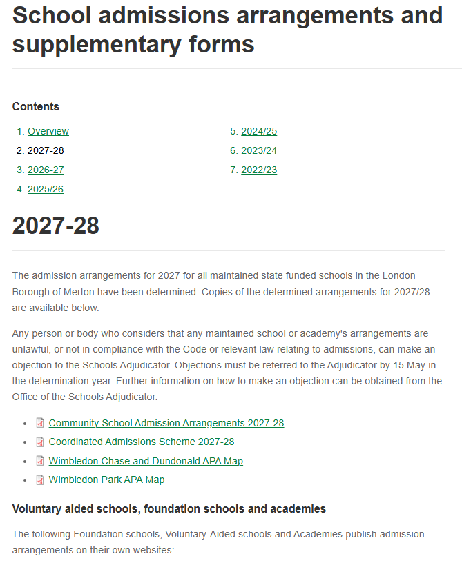 Merton Admissions arrangement screenshot